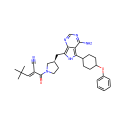 CC(C)(C)/C=C(\C#N)C(=O)N1CC[C@H](Cc2[nH]c(C3CCC(Oc4ccccc4)CC3)c3c(N)ncnc23)C1 ZINC001772579646