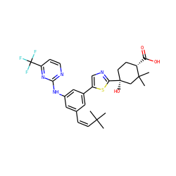 CC(C)(C)/C=C\c1cc(Nc2nccc(C(F)(F)F)n2)cc(-c2cnc([C@@]3(O)CC[C@H](C(=O)O)C(C)(C)C3)s2)c1 ZINC000221425422