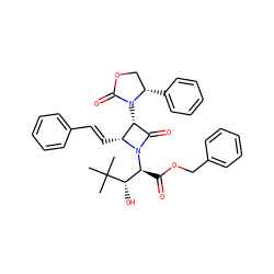 CC(C)(C)[C@@H](O)[C@H](C(=O)OCc1ccccc1)N1C(=O)[C@@H](N2C(=O)OC[C@@H]2c2ccccc2)[C@H]1/C=C/c1ccccc1 ZINC000028713331