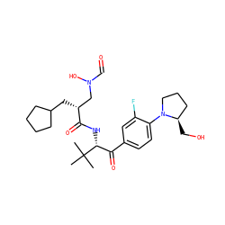 CC(C)(C)[C@H](NC(=O)[C@H](CC1CCCC1)CN(O)C=O)C(=O)c1ccc(N2CCC[C@H]2CO)c(F)c1 ZINC000013588300