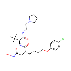 CC(C)(C)[C@H](NC(=O)[C@H](CCCCOc1ccc(Cl)cc1)CC(=O)NO)C(=O)NCCN1CCCC1 ZINC000013742002