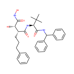 CC(C)(C)[C@H](NC(=O)[C@H](CCCc1ccccc1)[C@H](O)C(=O)NO)C(=O)NC(c1ccccc1)c1ccccc1 ZINC000027650411