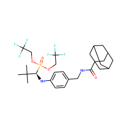 CC(C)(C)[C@H](Nc1ccc(CNC(=O)C23CC4CC(CC(C4)C2)C3)cc1)P(=O)(OCC(F)(F)F)OCC(F)(F)F ZINC000473151596