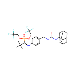 CC(C)(C)[C@H](Nc1ccc(CNC(=O)NC23CC4CC(CC(C4)C2)C3)cc1)P(=O)(OCC(F)(F)F)OCC(F)(F)F ZINC000473148578