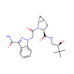 CC(C)(C)[C@H](O)CNC(=O)[C@@H]1C[C@H]2C[C@H]2N1C(=O)Cn1nc(C(N)=O)c2ccccc21 ZINC000210631953