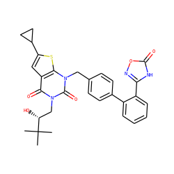 CC(C)(C)[C@H](O)Cn1c(=O)c2cc(C3CC3)sc2n(Cc2ccc(-c3ccccc3-c3noc(=O)[nH]3)cc2)c1=O ZINC000096169979
