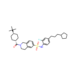 CC(C)(C)[C@H]1CC[C@H](C(=O)N2CCc3cc(S(=O)(=O)Nc4ccc(CCCC5CCCC5)cc4F)ccc3C2)CC1 ZINC000261097513