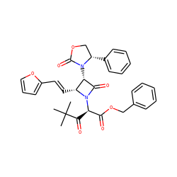 CC(C)(C)C(=O)[C@H](C(=O)OCc1ccccc1)N1C(=O)[C@@H](N2C(=O)OC[C@@H]2c2ccccc2)[C@H]1/C=C/c1ccco1 ZINC000003952900