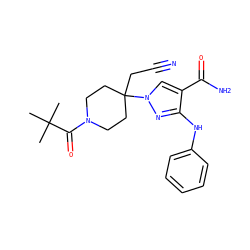 CC(C)(C)C(=O)N1CCC(CC#N)(n2cc(C(N)=O)c(Nc3ccccc3)n2)CC1 ZINC000220951081