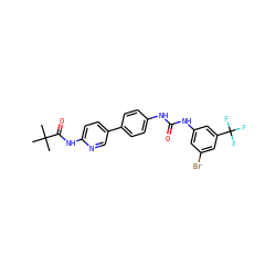CC(C)(C)C(=O)Nc1ccc(-c2ccc(NC(=O)Nc3cc(Br)cc(C(F)(F)F)c3)cc2)cn1 ZINC000473135028