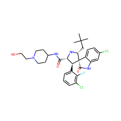 CC(C)(C)C[C@H]1N[C@@H](C(=O)NC2CCN(CCO)CC2)[C@H](c2cccc(Cl)c2F)[C@@]12C(=O)Nc1cc(Cl)ccc12 ZINC000146803322