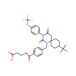 CC(C)(C)C1CCC2(CC1)CC(=O)N(c1ccc(OC(F)(F)F)cc1)C(=O)N2Cc1ccc(C(=O)NCCC(=O)O)cc1 ZINC000028527384