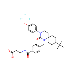 CC(C)(C)C1CCC2(CC1)CCN(c1ccc(OC(F)(F)F)cc1)C(=O)N2Cc1ccc(C(=O)NCCC(=O)O)cc1 ZINC000028527768