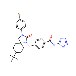 CC(C)(C)C1CCC2(CC1)CN(c1ccc(Br)cc1)C(=O)N2Cc1ccc(C(=O)Nc2nnn[nH]2)cc1 ZINC000028528299