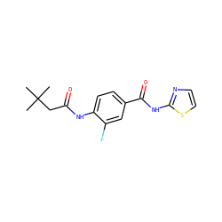 CC(C)(C)CC(=O)Nc1ccc(C(=O)Nc2nccs2)cc1F ZINC000066066266