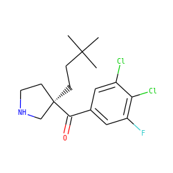 CC(C)(C)CC[C@@]1(C(=O)c2cc(F)c(Cl)c(Cl)c2)CCNC1 ZINC000058581028