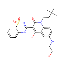 CC(C)(C)CCn1c(=O)c(C2=NS(=O)(=O)c3ccccc3N2)c(O)c2cc(NCCO)ccc21 ZINC000101036120