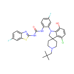 CC(C)(C)CN1CCC2(CC1)CN(c1cc(F)ccc1NC(=O)Nc1nc3ccc(F)cc3s1)c1c(O)ccc(Cl)c12 ZINC001772604992