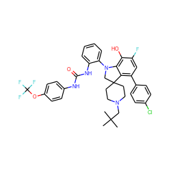CC(C)(C)CN1CCC2(CC1)CN(c1ccccc1NC(=O)Nc1ccc(OC(F)(F)F)cc1)c1c(O)c(F)cc(-c3ccc(Cl)cc3)c12 ZINC001772574484