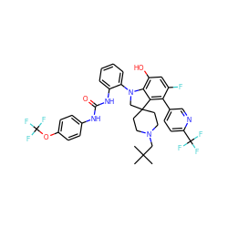 CC(C)(C)CN1CCC2(CC1)CN(c1ccccc1NC(=O)Nc1ccc(OC(F)(F)F)cc1)c1c(O)cc(F)c(-c3ccc(C(F)(F)F)nc3)c12 ZINC001772571248
