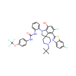 CC(C)(C)CN1CCC2(CC1)CN(c1ccccc1NC(=O)Nc1ccc(OC(F)(F)F)cc1)c1c(O)cc(F)c(-c3nc4ccc(F)cc4s3)c12 ZINC001772597737