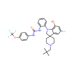 CC(C)(C)CN1CCC2(CC1)CN(c1ccccc1NC(=O)Nc1ccc(OC(F)(F)F)cc1)c1c(O)cc(F)cc12 ZINC001772628664