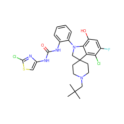 CC(C)(C)CN1CCC2(CC1)CN(c1ccccc1NC(=O)Nc1csc(Cl)n1)c1c(O)cc(F)c(Cl)c12 ZINC001772593069