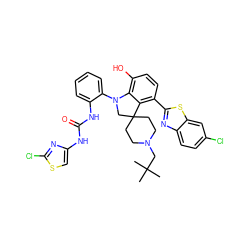 CC(C)(C)CN1CCC2(CC1)CN(c1ccccc1NC(=O)Nc1csc(Cl)n1)c1c(O)ccc(-c3nc4ccc(Cl)cc4s3)c12 ZINC001772603429