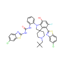 CC(C)(C)CN1CCC2(CC1)CN(c1ccccc1NC(=O)Nc1nc3ccc(Cl)cc3s1)c1c(O)cc(F)c(-c3nc4cc(Cl)ccc4s3)c12 ZINC001772587214