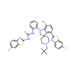 CC(C)(C)CN1CCC2(CC1)CN(c1ccccc1NC(=O)Nc1nc3ccc(Cl)cc3s1)c1c(O)ccc(-c3nc4ccc(F)cc4s3)c12 ZINC001772632046