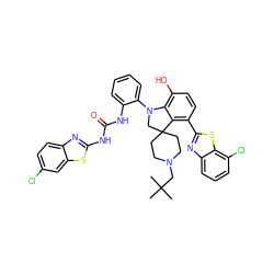 CC(C)(C)CN1CCC2(CC1)CN(c1ccccc1NC(=O)Nc1nc3ccc(Cl)cc3s1)c1c(O)ccc(-c3nc4cccc(Cl)c4s3)c12 ZINC001772642925