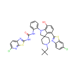 CC(C)(C)CN1CCC2(CC1)CN(c1ccccc1NC(=O)Nc1nc3ccc(Cl)nc3s1)c1c(O)ccc(-c3nc4ccc(Cl)cc4s3)c12 ZINC001772588290