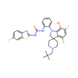 CC(C)(C)CN1CCC2(CC1)CN(c1ccccc1NC(=O)Nc1nc3ccc(F)cc3s1)c1c(O)c(F)cc(Cl)c12 ZINC001772620542