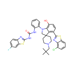 CC(C)(C)CN1CCC2(CC1)CN(c1ccccc1NC(=O)Nc1nc3ccc(F)cc3s1)c1c(O)ccc(-c3nc4c(Cl)cccc4s3)c12 ZINC001772635862