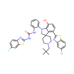 CC(C)(C)CN1CCC2(CC1)CN(c1ccccc1NC(=O)Nc1nc3ccc(F)cc3s1)c1c(O)ccc(-c3nc4cc(Cl)ccc4s3)c12 ZINC001772631361