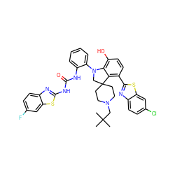 CC(C)(C)CN1CCC2(CC1)CN(c1ccccc1NC(=O)Nc1nc3ccc(F)cc3s1)c1c(O)ccc(-c3nc4ccc(Cl)cc4s3)c12 ZINC001772651956