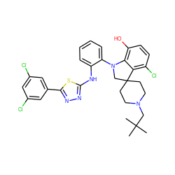 CC(C)(C)CN1CCC2(CC1)CN(c1ccccc1Nc1nnc(-c3cc(Cl)cc(Cl)c3)s1)c1c(O)ccc(Cl)c12 ZINC000208065327