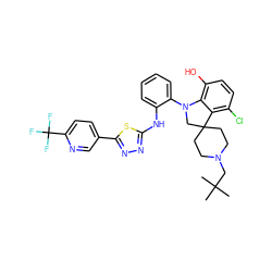 CC(C)(C)CN1CCC2(CC1)CN(c1ccccc1Nc1nnc(-c3ccc(C(F)(F)F)nc3)s1)c1c(O)ccc(Cl)c12 ZINC000208046320