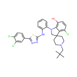 CC(C)(C)CN1CCC2(CC1)CN(c1ccccc1Nc1nnc(-c3ccc(Cl)c(Cl)c3)s1)c1c(O)ccc(Cl)c12 ZINC000208109364