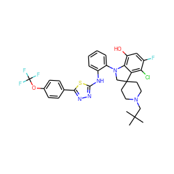 CC(C)(C)CN1CCC2(CC1)CN(c1ccccc1Nc1nnc(-c3ccc(OC(F)(F)F)cc3)s1)c1c(O)cc(F)c(Cl)c12 ZINC000208093120