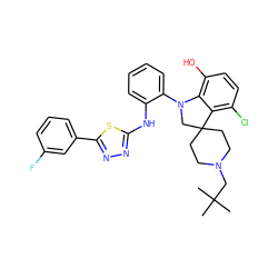 CC(C)(C)CN1CCC2(CC1)CN(c1ccccc1Nc1nnc(-c3cccc(F)c3)s1)c1c(O)ccc(Cl)c12 ZINC000208101341