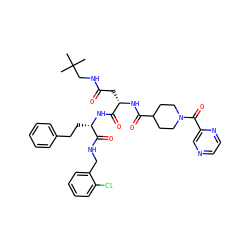 CC(C)(C)CNC(=O)C[C@H](NC(=O)C1CCN(C(=O)c2cnccn2)CC1)C(=O)N[C@@H](CCc1ccccc1)C(=O)NCc1ccccc1Cl ZINC001772581211