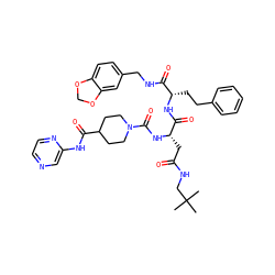 CC(C)(C)CNC(=O)C[C@H](NC(=O)N1CCC(C(=O)Nc2cnccn2)CC1)C(=O)N[C@@H](CCc1ccccc1)C(=O)NCc1ccc2c(c1)OCO2 ZINC001772586376