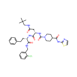 CC(C)(C)CNC(=O)C[C@H](NC(=O)N1CCC(C(=O)Nc2nccs2)CC1)C(=O)N[C@@H](CCc1ccccc1)C(=O)NCc1ccccc1Cl ZINC001772613118