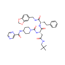 CC(C)(C)CNC(=O)C[C@H](NC(=O)N1CCC(NC(=O)c2cnccn2)CC1)C(=O)N[C@@H](CCc1ccccc1)C(=O)NCc1ccc2c(c1)OCO2 ZINC001772584466