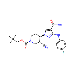CC(C)(C)COC(=O)N1CC[C@@H](n2cc(C(N)=O)c(Nc3ccc(F)cc3)n2)[C@H](C#N)C1 ZINC000220707087
