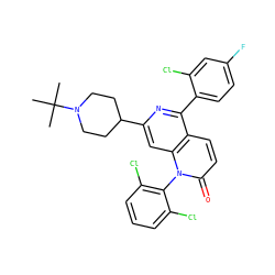 CC(C)(C)N1CCC(c2cc3c(ccc(=O)n3-c3c(Cl)cccc3Cl)c(-c3ccc(F)cc3Cl)n2)CC1 ZINC000003980256