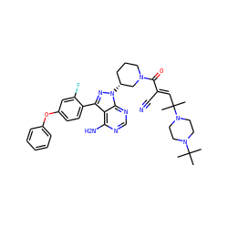 CC(C)(C)N1CCN(C(C)(C)/C=C(\C#N)C(=O)N2CCC[C@@H](n3nc(-c4ccc(Oc5ccccc5)cc4F)c4c(N)ncnc43)C2)CC1 ZINC000207725796