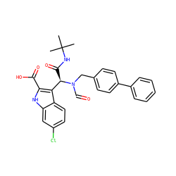 CC(C)(C)NC(=O)[C@H](c1c(C(=O)O)[nH]c2cc(Cl)ccc12)N(C=O)Cc1ccc(-c2ccccc2)cc1 ZINC000113883454