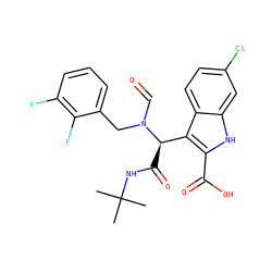 CC(C)(C)NC(=O)[C@H](c1c(C(=O)O)[nH]c2cc(Cl)ccc12)N(C=O)Cc1cccc(F)c1F ZINC000113885151
